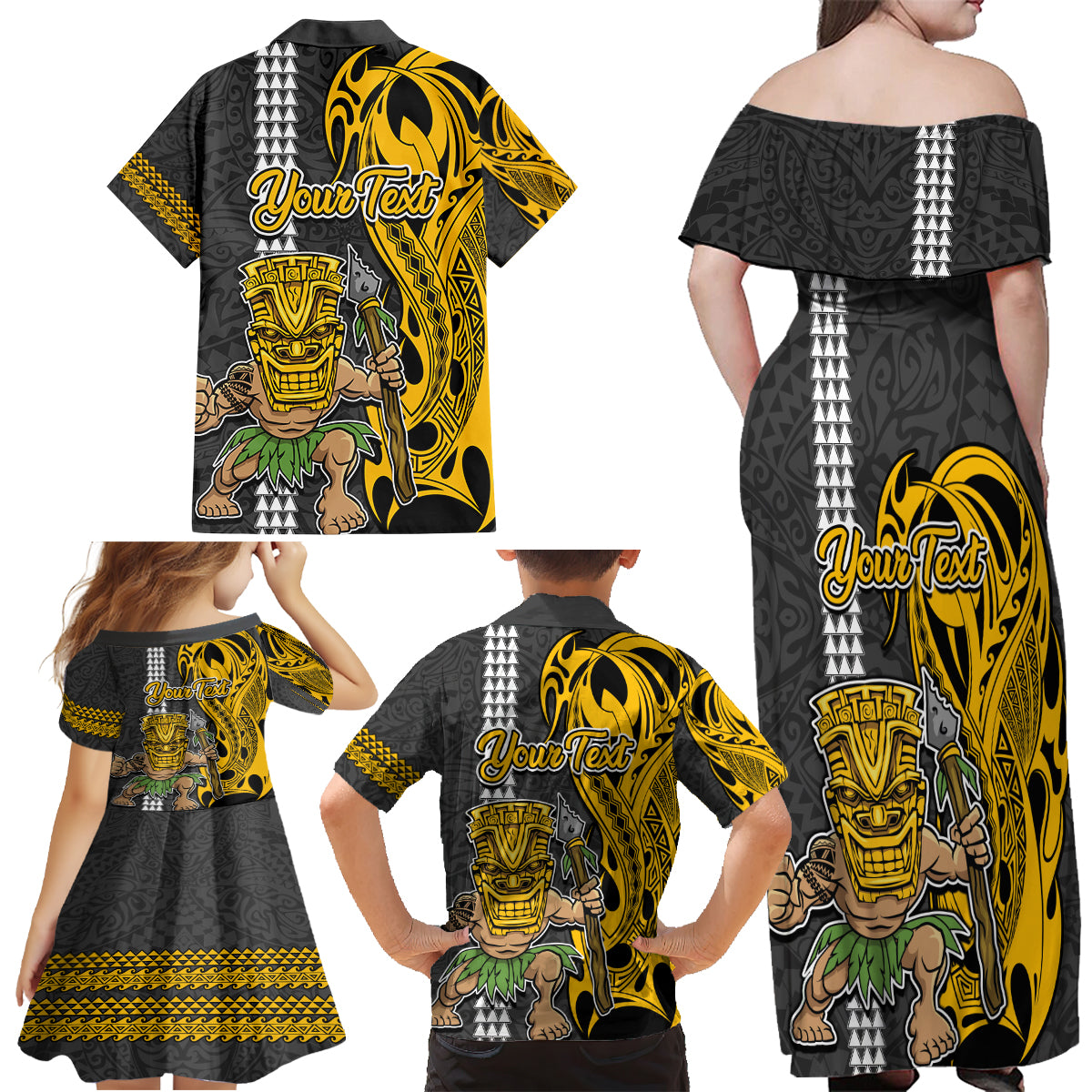 Custom Hawaii Lanai Island Family Matching Off Shoulder Maxi Dress and Hawaiian Shirt Hawaiian Warrior and Kakau Symbols Abstract Tattoo LT03 - Polynesian Pride