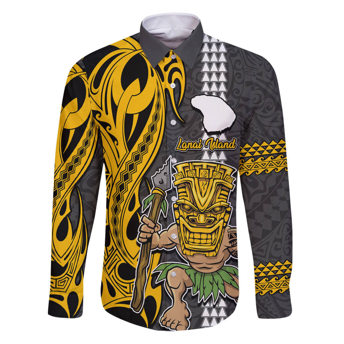 Custom Hawaii Lanai Island Family Matching Puletasi Dress and Hawaiian Shirt Hawaiian Warrior and Kakau Symbols Abstract Tattoo LT03 Dad's Shirt - Long Sleeve Yellow - Polynesian Pride