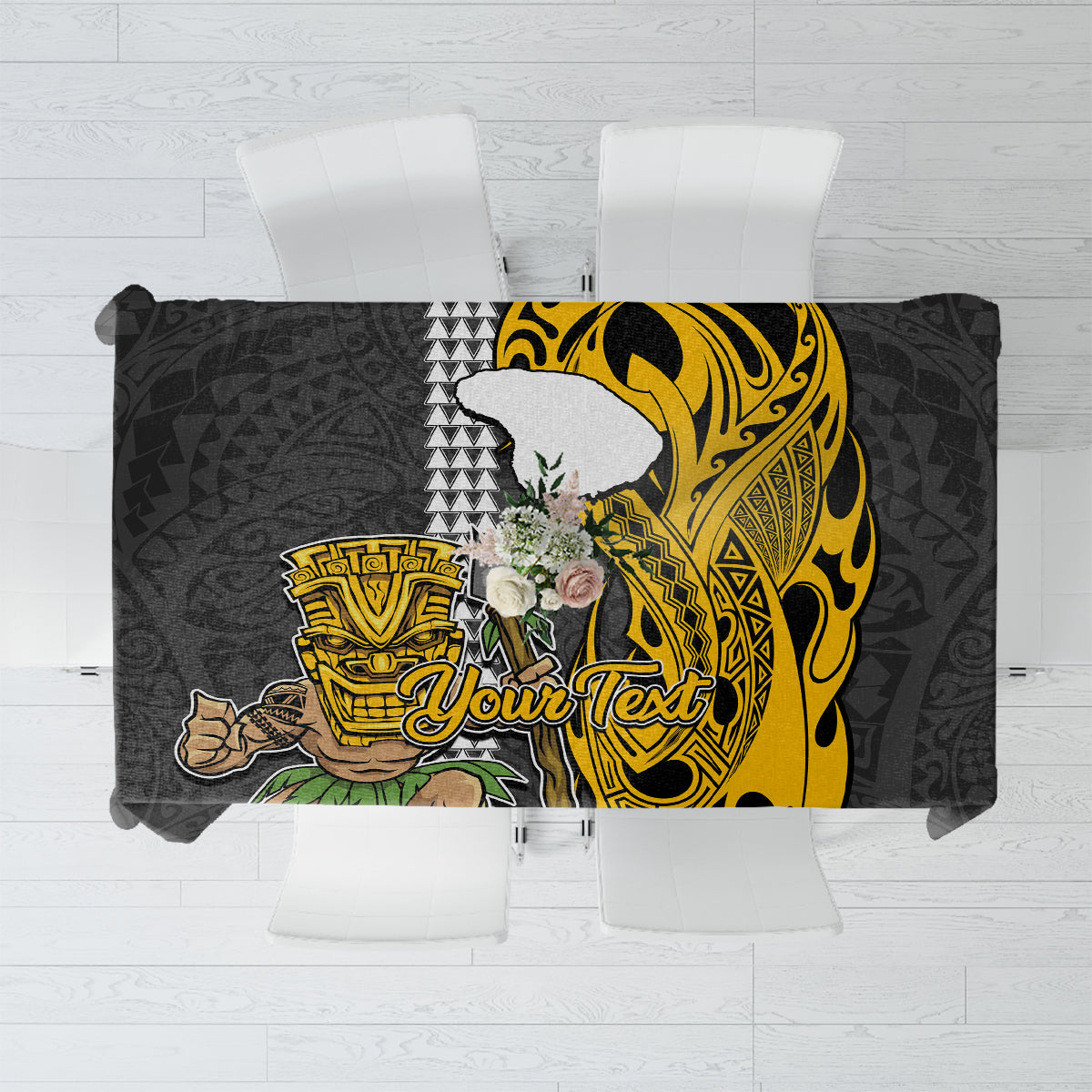 Custom Hawaii Lanai Island Tablecloth Hawaiian Warrior and Kakau Symbols Abstract Tattoo LT03 Yellow - Polynesian Pride