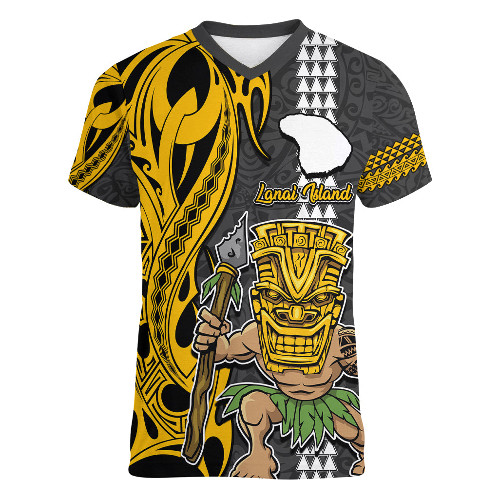 Custom Hawaii Lanai Island Women V Neck T Shirt Hawaiian Warrior and Kakau Symbols Abstract Tattoo LT03 Female Yellow - Polynesian Pride