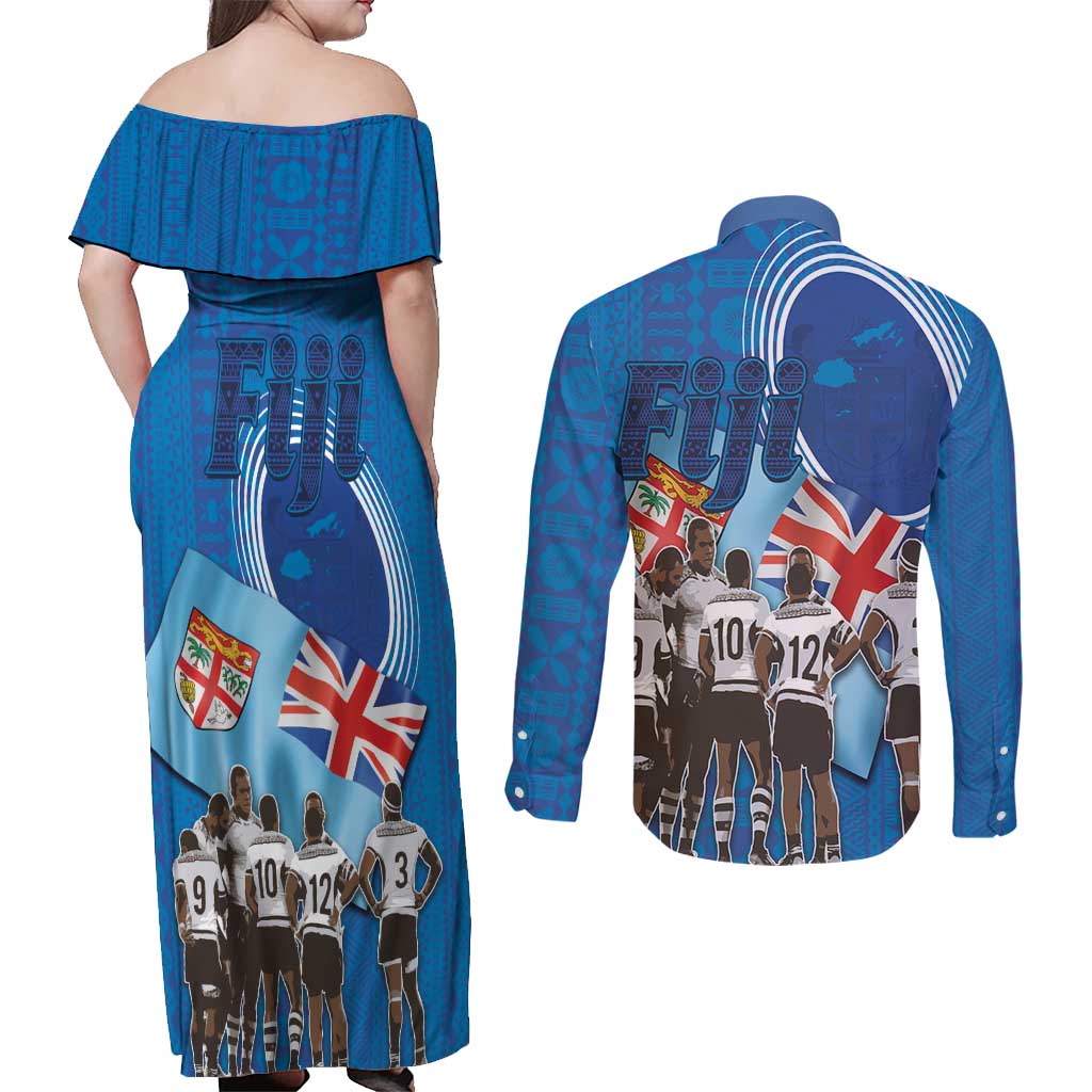 Fiji Rugby Sevens Couples Matching Off Shoulder Maxi Dress and Long Sleeve Button Shirt Commemorate Gold Medal - Rio de Janeiro 2016