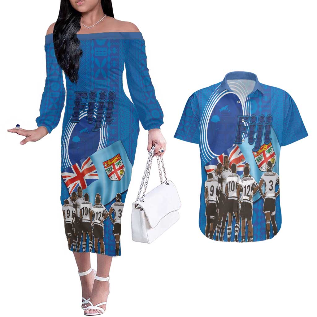 Fiji Rugby Sevens Couples Matching Off The Shoulder Long Sleeve Dress and Hawaiian Shirt Commemorate Gold Medal - Rio de Janeiro 2016 LT03 Blue - Polynesian Pride