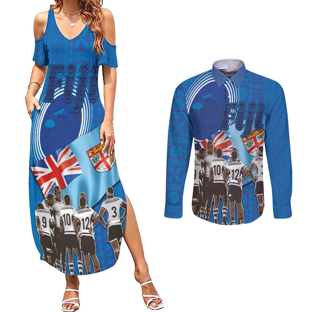 Fiji Rugby Sevens Couples Matching Summer Maxi Dress and Long Sleeve Button Shirt Commemorate Gold Medal - Rio de Janeiro 2016 LT03 Blue - Polynesian Pride