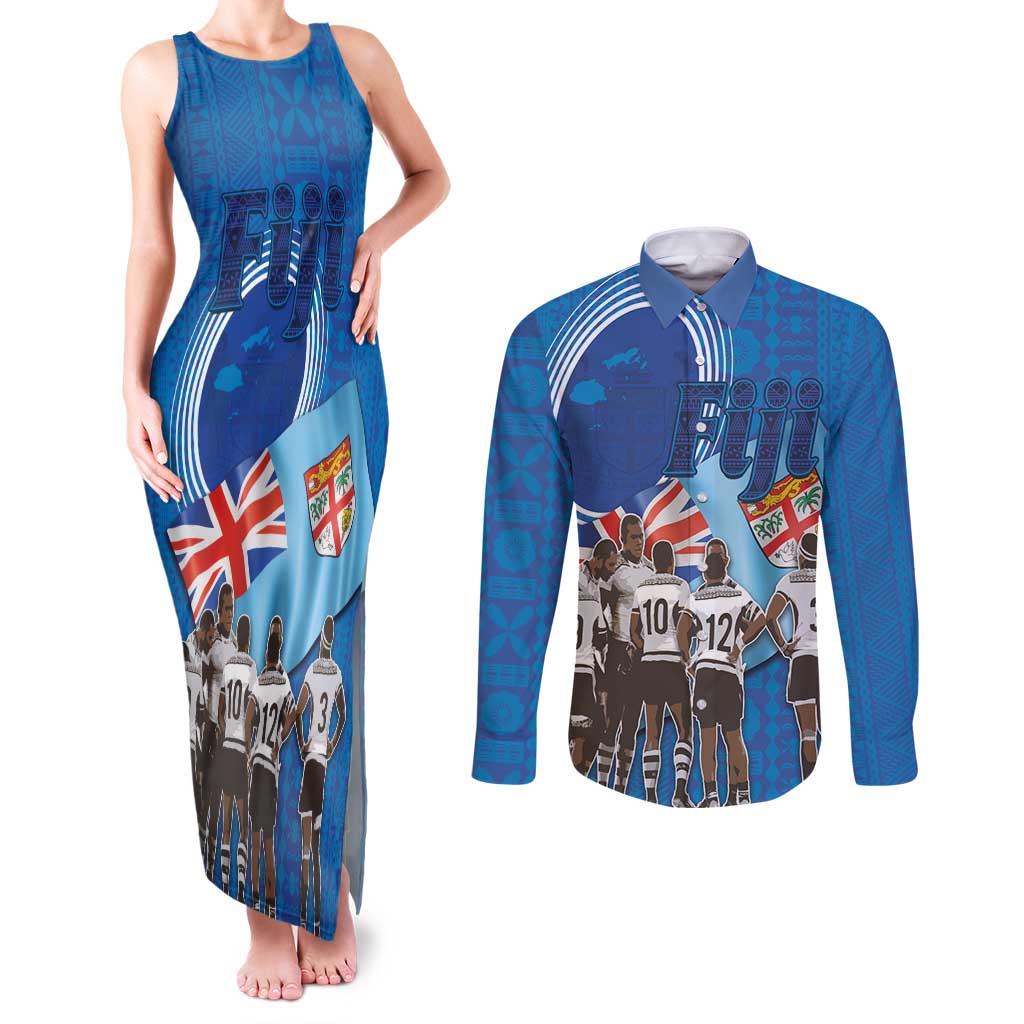 Fiji Rugby Sevens Couples Matching Tank Maxi Dress and Long Sleeve Button Shirt Commemorate Gold Medal - Rio de Janeiro 2016 LT03 Blue - Polynesian Pride