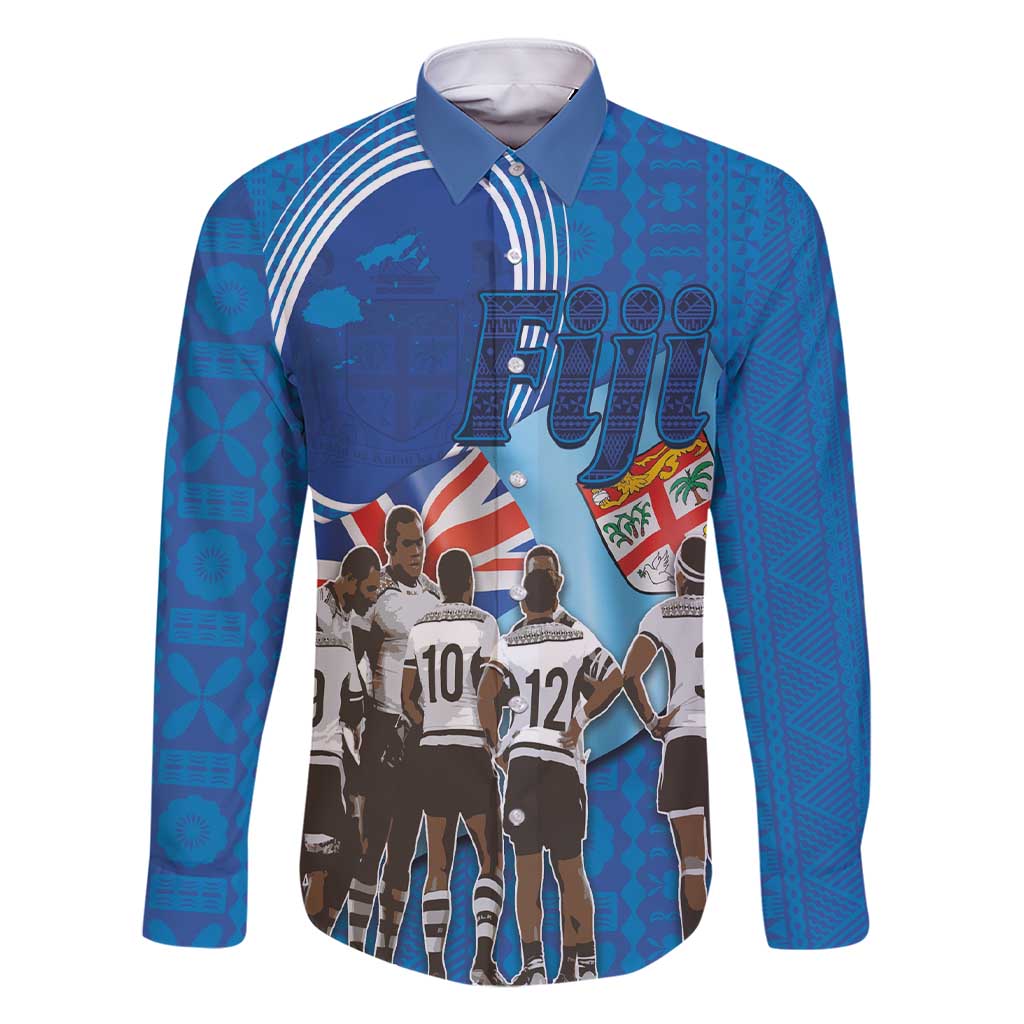 Fiji Rugby Sevens Family Matching Short Sleeve Bodycon Dress and Hawaiian Shirt Commemorate Gold Medal - Rio de Janeiro 2016 LT03 Dad's Shirt - Long Sleeve Blue - Polynesian Pride