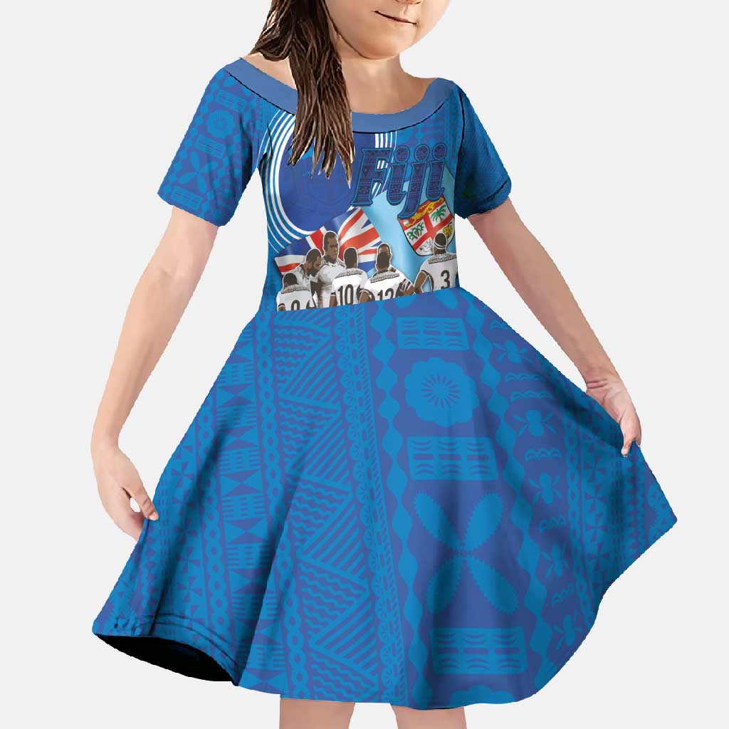 Fiji Rugby Sevens Family Matching Tank Maxi Dress and Hawaiian Shirt Commemorate Gold Medal - Rio de Janeiro 2016 LT03 Daughter's Dress Blue - Polynesian Pride
