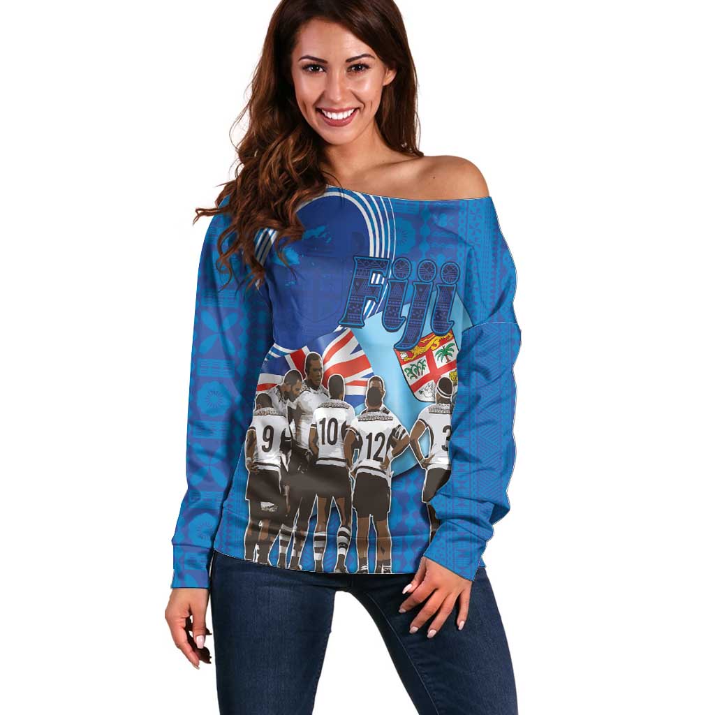 Fiji Rugby Sevens Off Shoulder Sweater Commemorate Gold Medal - Rio de Janeiro 2016 LT03 Women Blue - Polynesian Pride