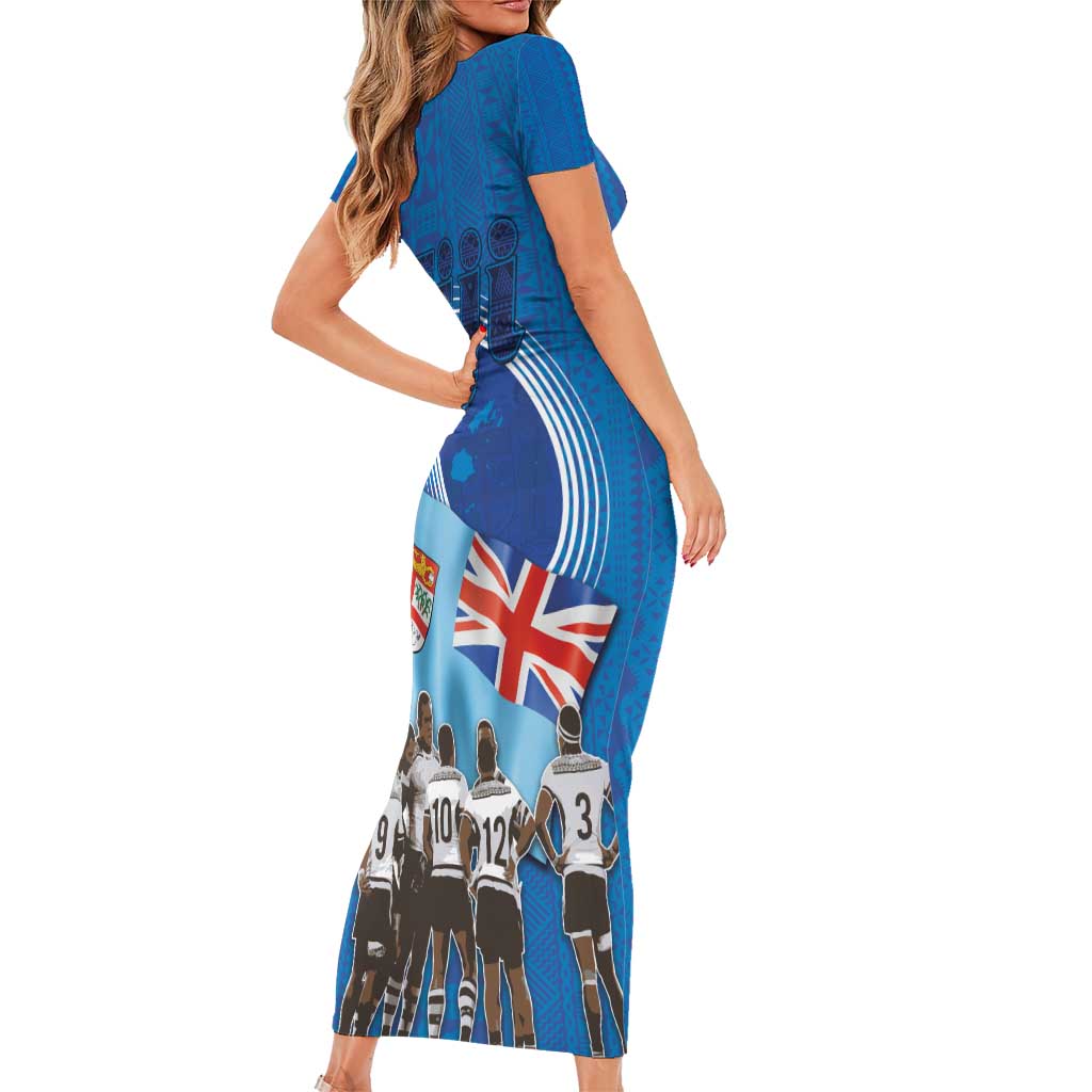 Fiji Rugby Sevens Short Sleeve Bodycon Dress Commemorate Gold Medal - - Polynesian Pride Fiji Rugby Sevens Short Sleeve Bodycon Dress Commemorate Gold Medal - - Polynesian Pride