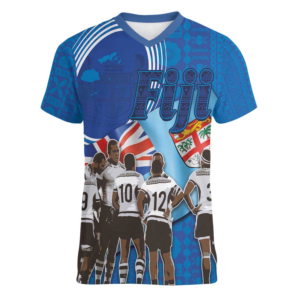 Fiji Rugby Sevens Women V-Neck T-Shirt Commemorate Gold Medal - Rio de Janeiro 2016 LT03 Female Blue - Polynesian Pride