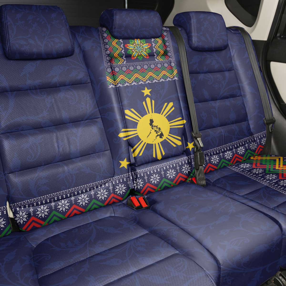 Philippines Merry Christmas Back Car Seat Cover Maligayang Pasko with Parol and Xmas Pattern Barong Style