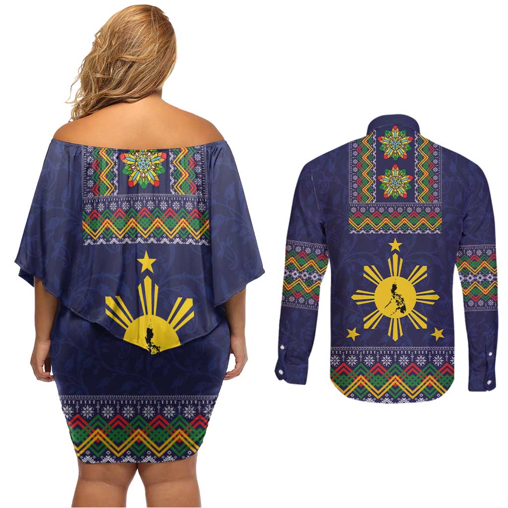 Philippines Merry Christmas Couples Matching Off Shoulder Short Dress and Long Sleeve Button Shirt Maligayang Pasko with Parol and Xmas Pattern Barong Style
