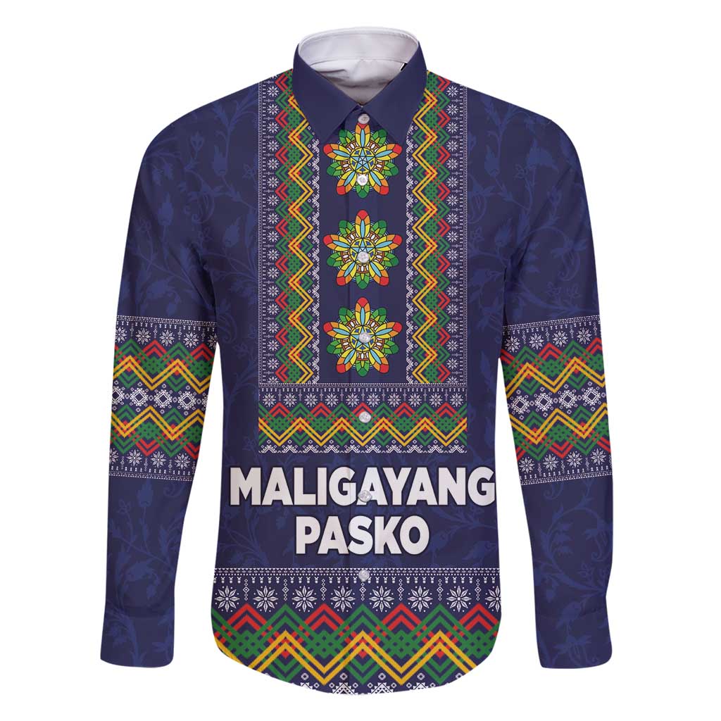 Philippines Merry Christmas Family Matching Mermaid Dress and Hawaiian Shirt Maligayang Pasko with Parol and Xmas Pattern Barong Style LT03 Dad's Shirt - Long Sleeve Blue - Polynesian Pride