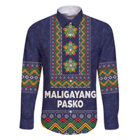 Philippines Merry Christmas Family Matching Mermaid Dress and Hawaiian Shirt Maligayang Pasko with Parol and Xmas Pattern Barong Style LT03 Dad's Shirt - Long Sleeve Blue - Polynesian Pride