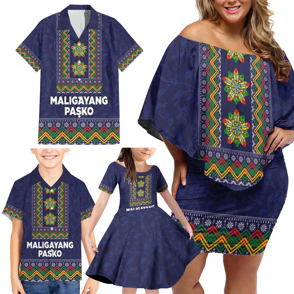 Philippines Merry Christmas Family Matching Off Shoulder Short Dress and Hawaiian Shirt Maligayang Pasko with Parol and Xmas Pattern Barong Style