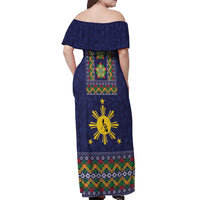 Philippines Merry Christmas Off Shoulder Maxi Dress Maligayang Pasko with Parol and Xmas Pattern Barong Style