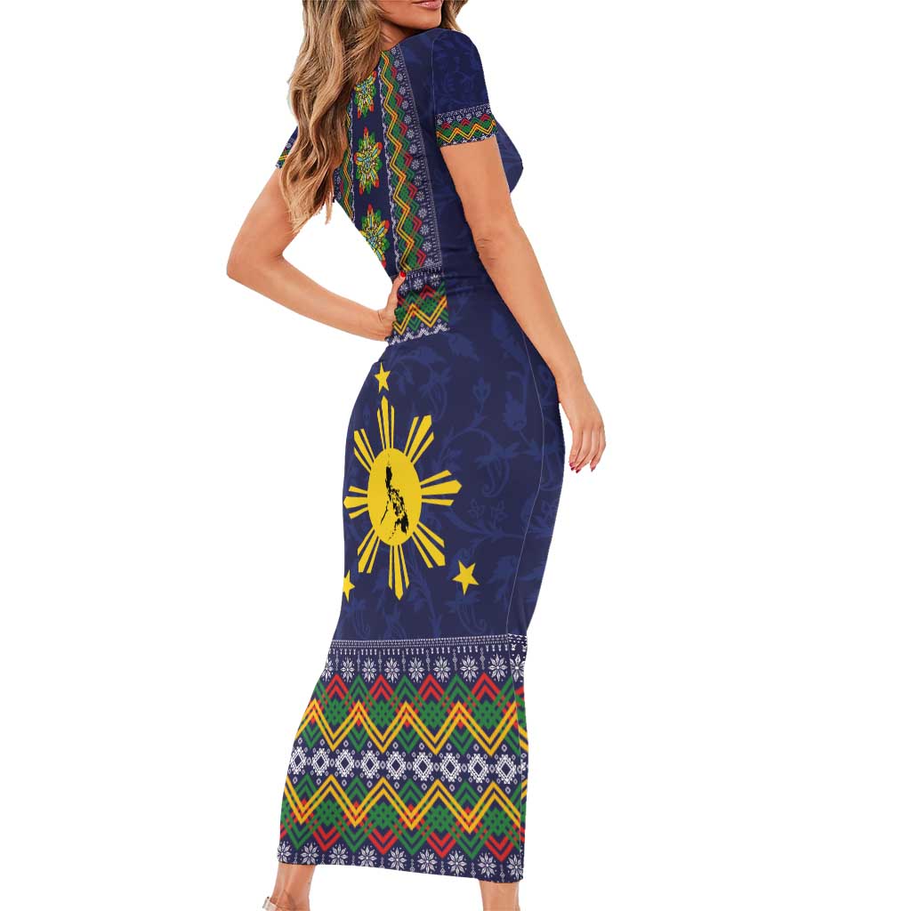 Philippines Merry Christmas Short Sleeve Bodycon Dress Maligayang Pasko with Parol and Xmas Pattern Barong Style LT03 - Polynesian Pride