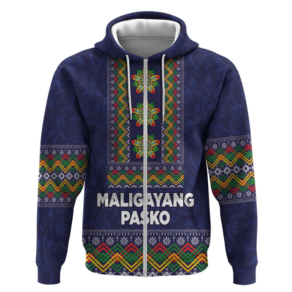 Philippines Merry Christmas Zip Hoodie Maligayang Pasko with Parol and Xmas Pattern Barong Style LT03 Zip Hoodie Blue - Polynesian Pride