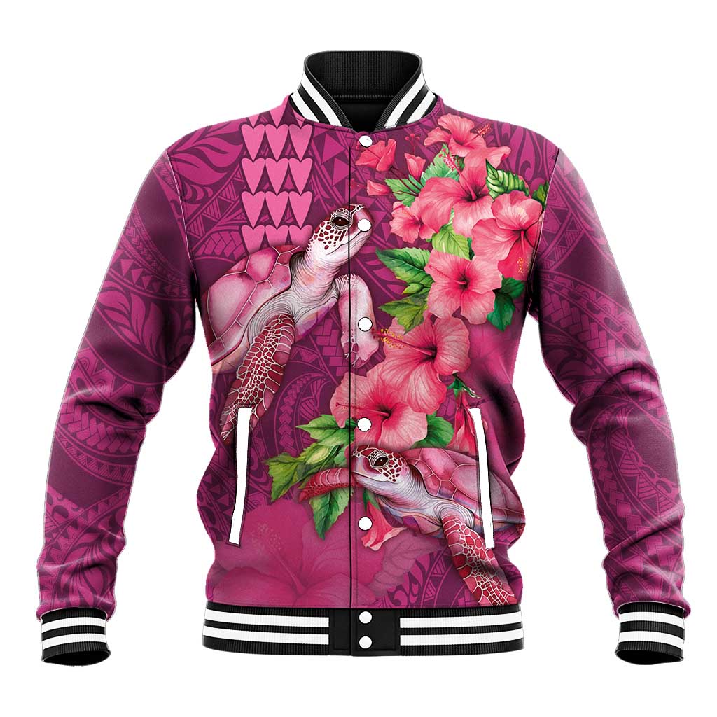 Hawaiian Turtle Love Couple Baseball Jacket - Sweet Hibiscus and Kakau Pattern Rose Color LT03 Unisex Pink - Polynesian Pride