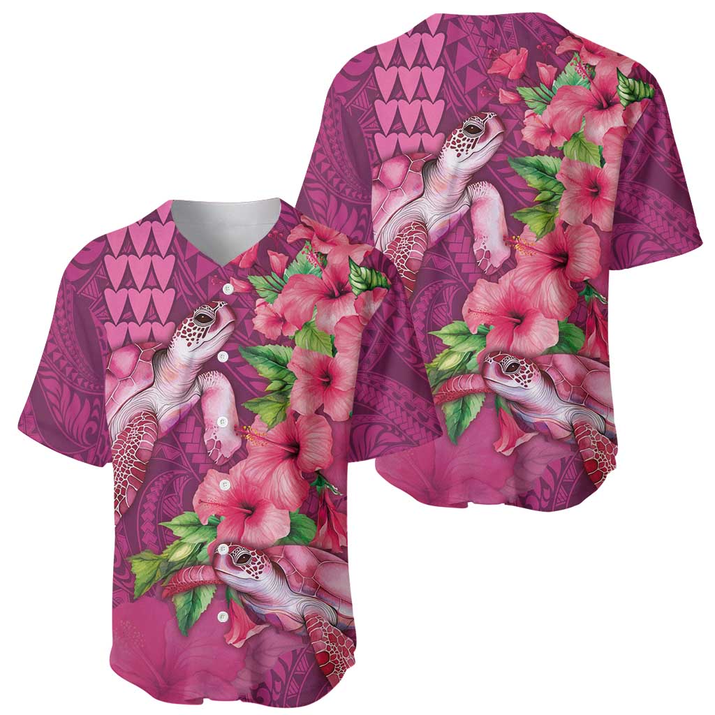Hawaiian Turtle Love Couple Baseball Jersey - Sweet Hibiscus and Kakau Pattern Rose Color LT03 - Polynesian Pride