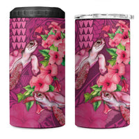 Hawaiian Turtle Love Couple 4 in 1 Can Cooler Tumbler Sweet Hibiscus and Kakau Pattern Rose Color