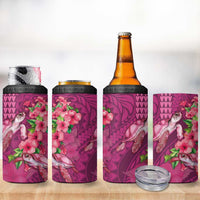Hawaiian Turtle Love Couple 4 in 1 Can Cooler Tumbler Sweet Hibiscus and Kakau Pattern Rose Color