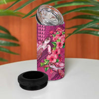 Hawaiian Turtle Love Couple 4 in 1 Can Cooler Tumbler Sweet Hibiscus and Kakau Pattern Rose Color