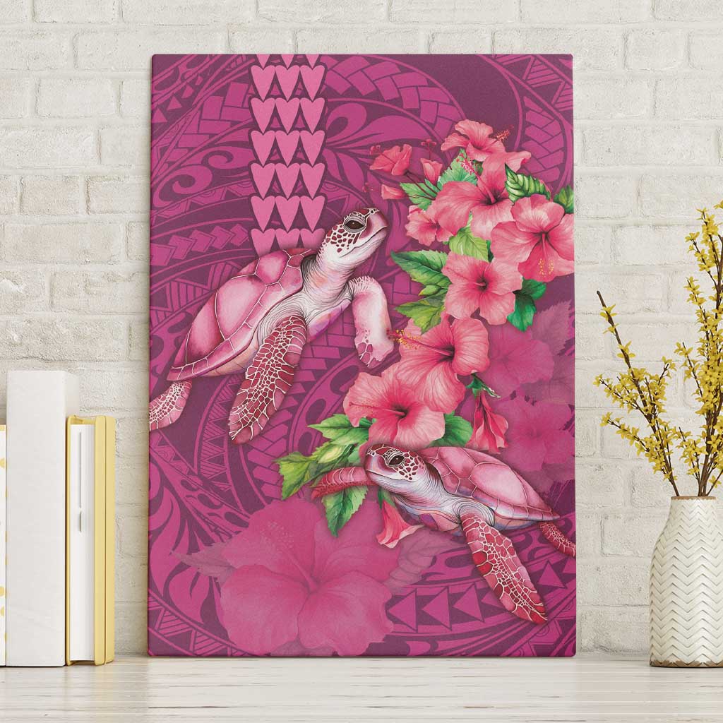 Hawaiian Turtle Love Couple Canvas Wall Art - Sweet Hibiscus and Kakau Pattern Rose Color LT03 Without Frame Pink - Polynesian Pride