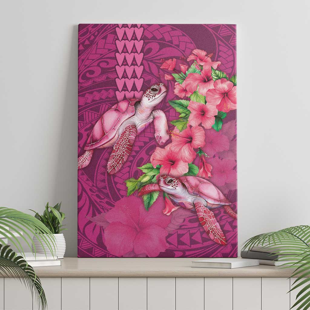 Hawaiian Turtle Love Couple Canvas Wall Art - Sweet Hibiscus and Kakau Pattern Rose Color LT03 - Polynesian Pride