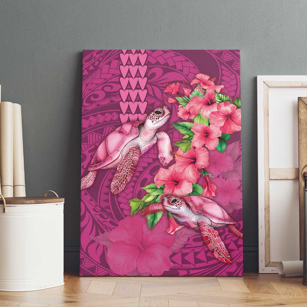 Hawaiian Turtle Love Couple Canvas Wall Art - Sweet Hibiscus and Kakau Pattern Rose Color LT03 - Polynesian Pride
