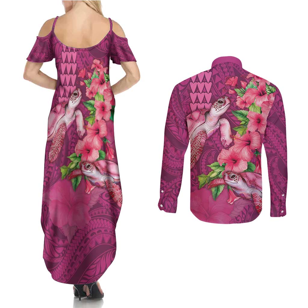 Hawaiian Turtle Love Couple Couples Matching Summer Maxi Dress and Long Sleeve Button Shirt - Sweet Hibiscus and Kakau Pattern Rose Color LT03 - Polynesian Pride