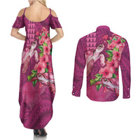Hawaiian Turtle Love Couple Couples Matching Summer Maxi Dress and Long Sleeve Button Shirt - Sweet Hibiscus and Kakau Pattern Rose Color LT03 - Polynesian Pride