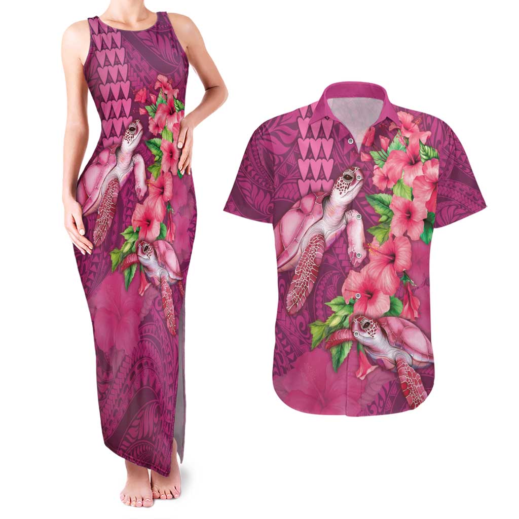 Hawaiian Turtle Love Couple Couples Matching Tank Maxi Dress and Hawaiian Shirt - Sweet Hibiscus and Kakau Pattern Rose Color LT03 Pink - Polynesian Pride