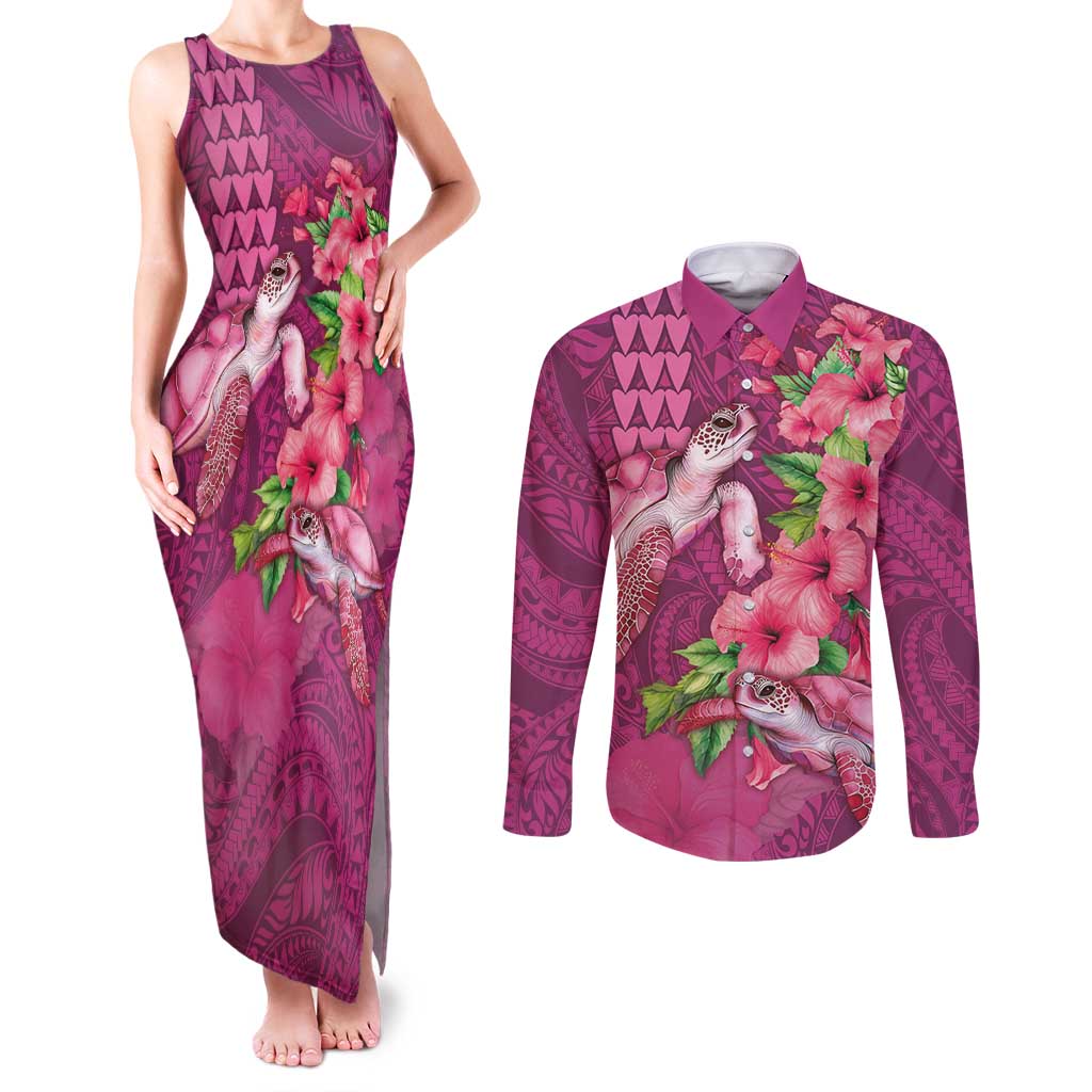 Hawaiian Turtle Love Couple Couples Matching Tank Maxi Dress and Long Sleeve Button Shirt - Sweet Hibiscus and Kakau Pattern Rose Color LT03 Pink - Polynesian Pride