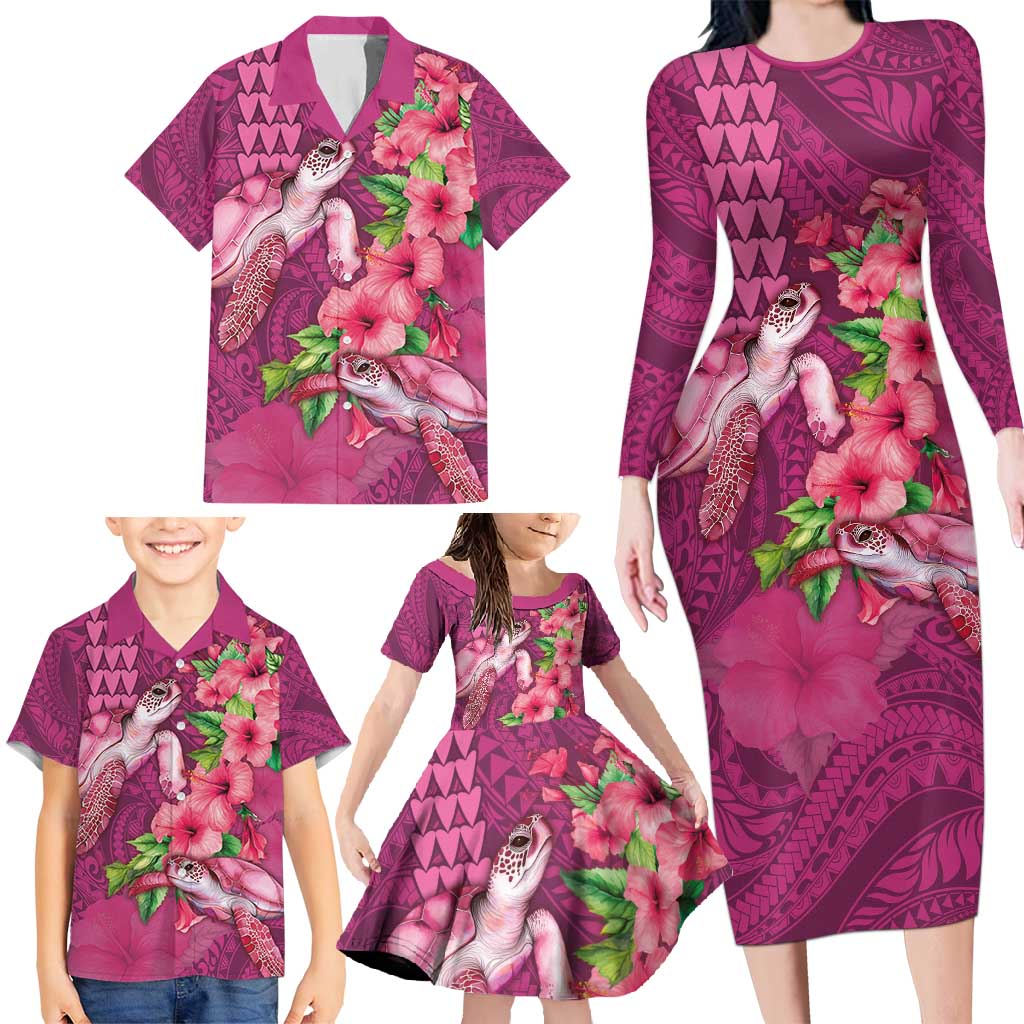 Hawaiian Turtle Love Couple Family Matching Long Sleeve Bodycon Dress and Hawaiian Shirt - Sweet Hibiscus and Kakau Pattern Rose Color