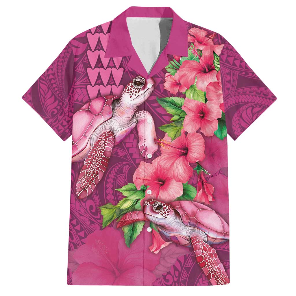 Hawaiian Turtle Love Couple Family Matching Off Shoulder Short Dress and Hawaiian Shirt - Sweet Hibiscus and Kakau Pattern Rose Color LT03 Dad's Shirt - Short Sleeve Pink - Polynesian Pride
