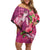 Hawaiian Turtle Love Couple Family Matching Off Shoulder Short Dress and Hawaiian Shirt - Sweet Hibiscus and Kakau Pattern Rose Color