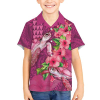 Hawaiian Turtle Love Couple Family Matching Off Shoulder Short Dress and Hawaiian Shirt - Sweet Hibiscus and Kakau Pattern Rose Color LT03 Son's Shirt Pink - Polynesian Pride