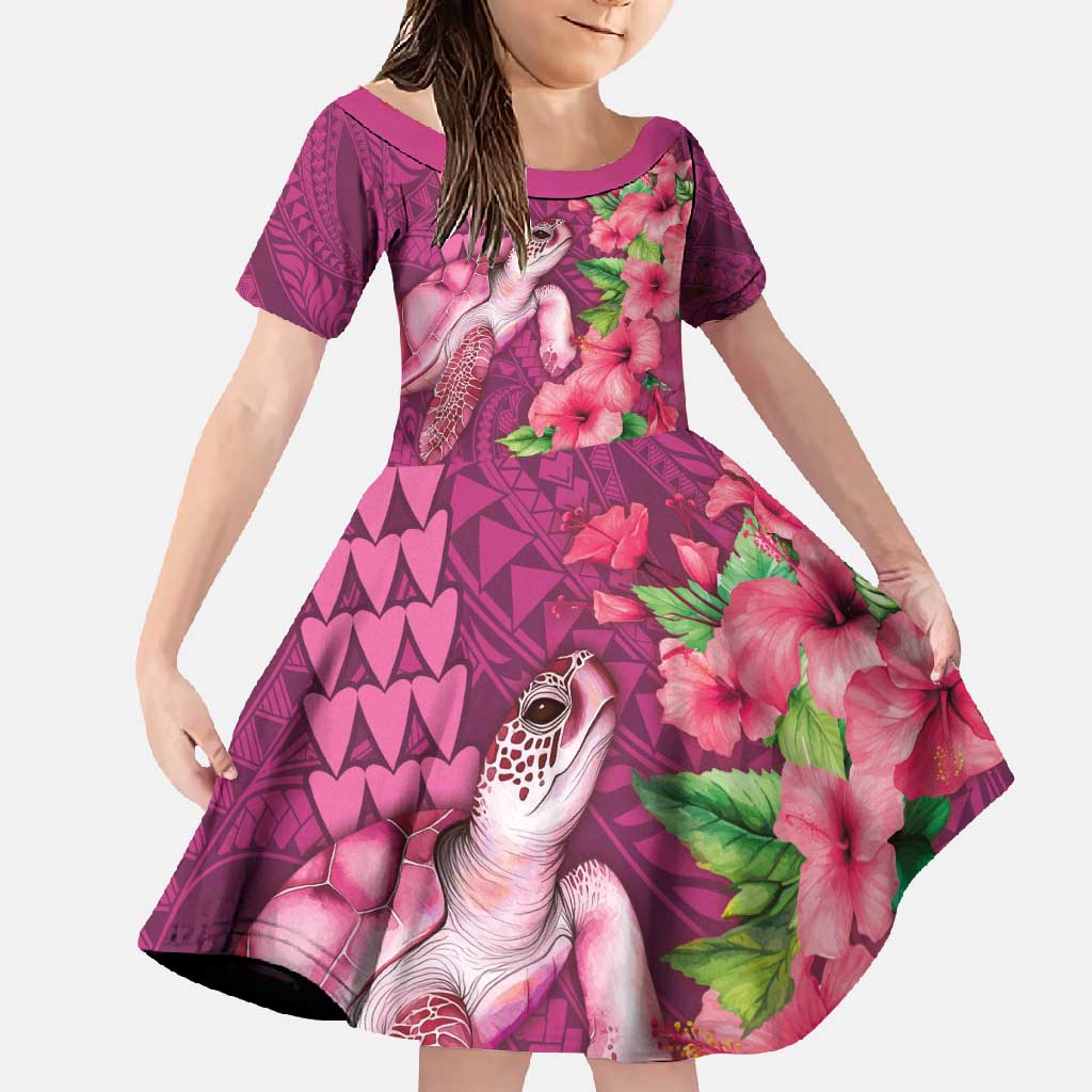 Hawaiian Turtle Love Couple Family Matching Summer Maxi Dress and Hawaiian Shirt - Sweet Hibiscus and Kakau Pattern Rose Color LT03 Daughter's Dress Pink - Polynesian Pride