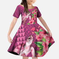 Hawaiian Turtle Love Couple Family Matching Tank Maxi Dress and Hawaiian Shirt - Sweet Hibiscus and Kakau Pattern Rose Color LT03 Daughter's Dress Pink - Polynesian Pride