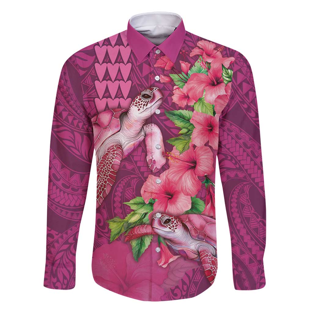 Hawaiian Turtle Love Couple Family Matching Tank Maxi Dress and Hawaiian Shirt - Sweet Hibiscus and Kakau Pattern Rose Color LT03 Dad's Shirt - Long Sleeve Pink - Polynesian Pride