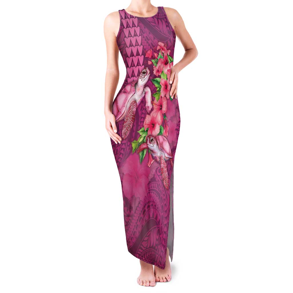 Hawaiian Turtle Love Couple Family Matching Tank Maxi Dress and Hawaiian Shirt - Sweet Hibiscus and Kakau Pattern Rose Color LT03 Mom's Dress Pink - Polynesian Pride