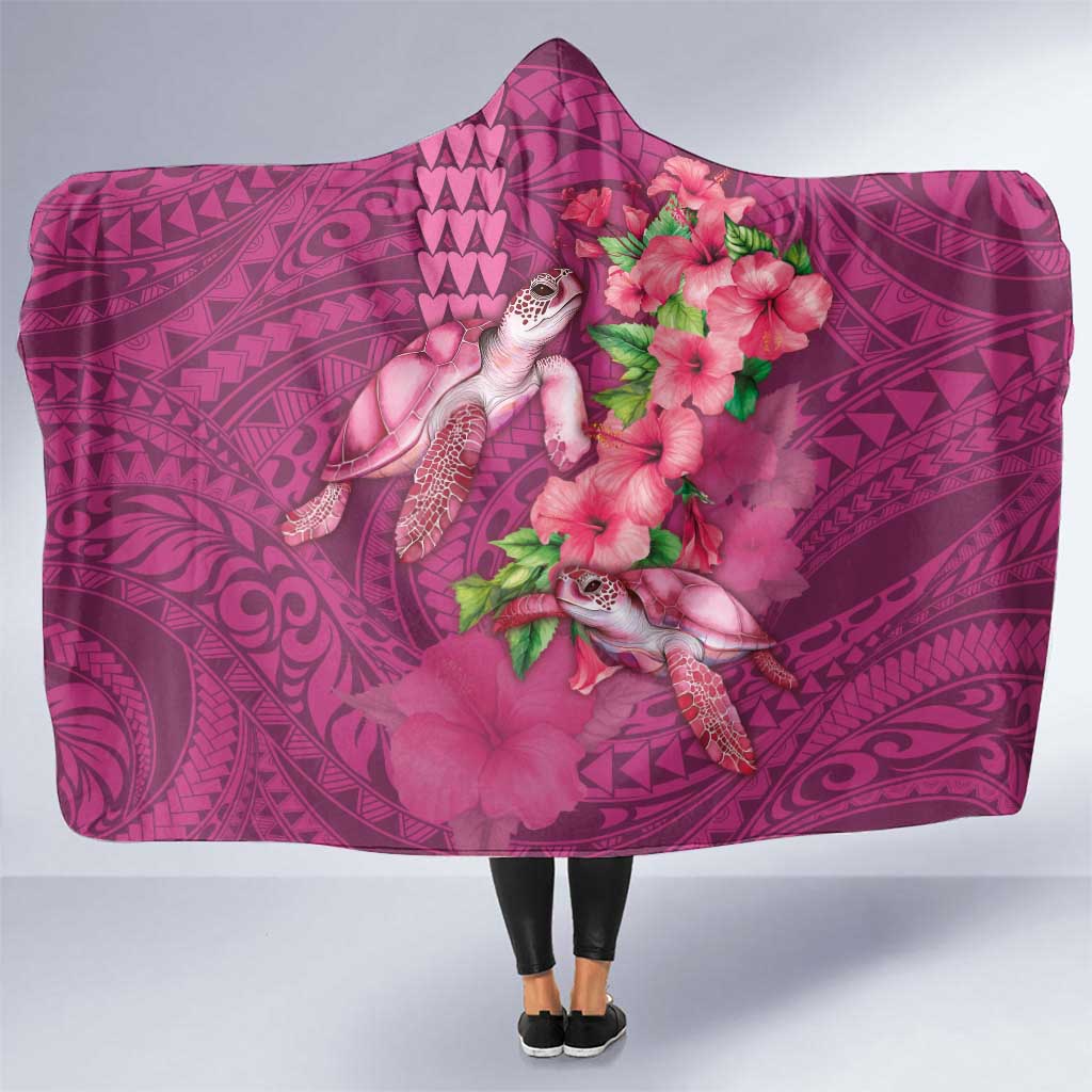 Hawaiian Turtle Love Couple Hooded Blanket - Sweet Hibiscus and Kakau Pattern Rose Color LT03 One Size Pink - Polynesian Pride