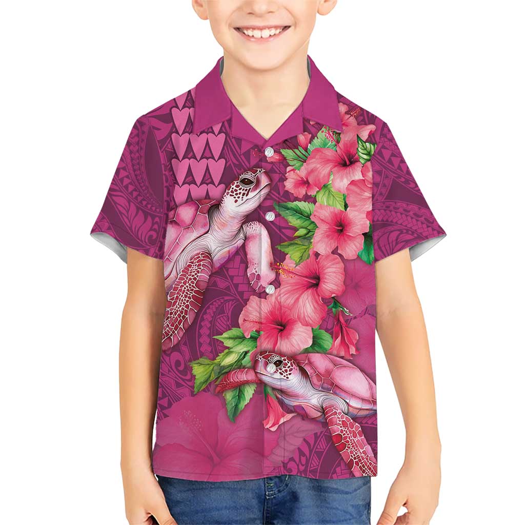 Hawaiian Turtle Love Couple Kid Hawaiian Shirt - Sweet Hibiscus and Kakau Pattern Rose Color LT03 Kid Pink - Polynesian Pride
