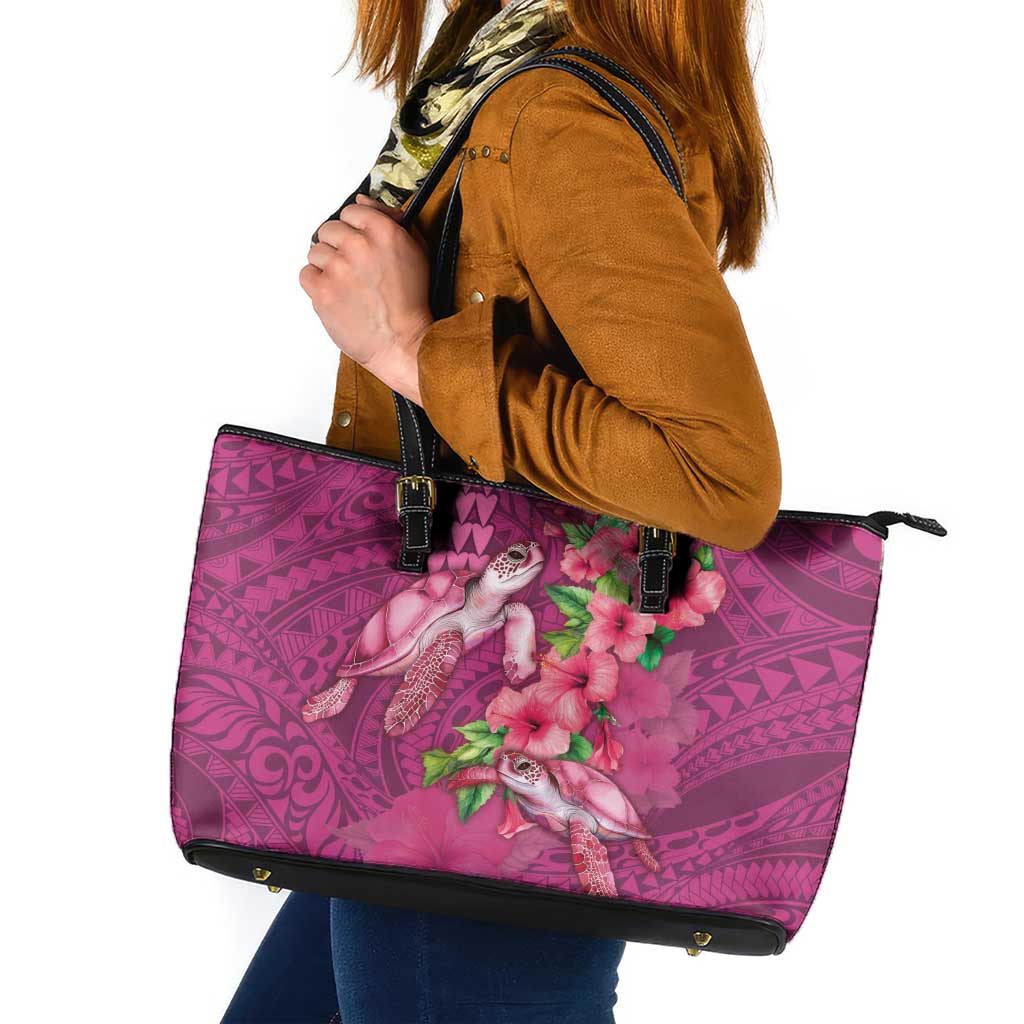 Hawaiian Turtle Love Couple Leather Tote Bag - Sweet Hibiscus and Kakau Pattern Rose Color LT03 Pink - Polynesian Pride