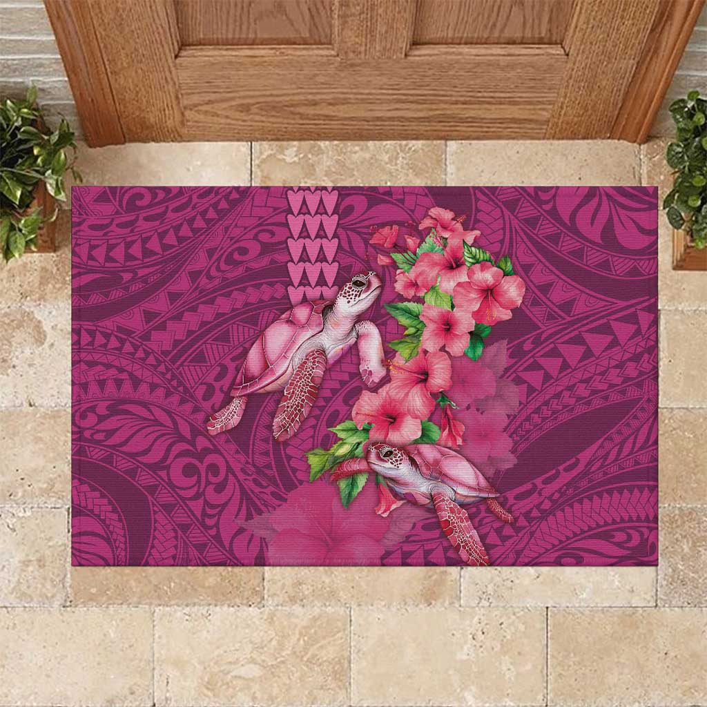 Hawaiian Turtle Love Couple Rubber Doormat - Sweet Hibiscus and Kakau Pattern Rose Color LT03 Pink - Polynesian Pride