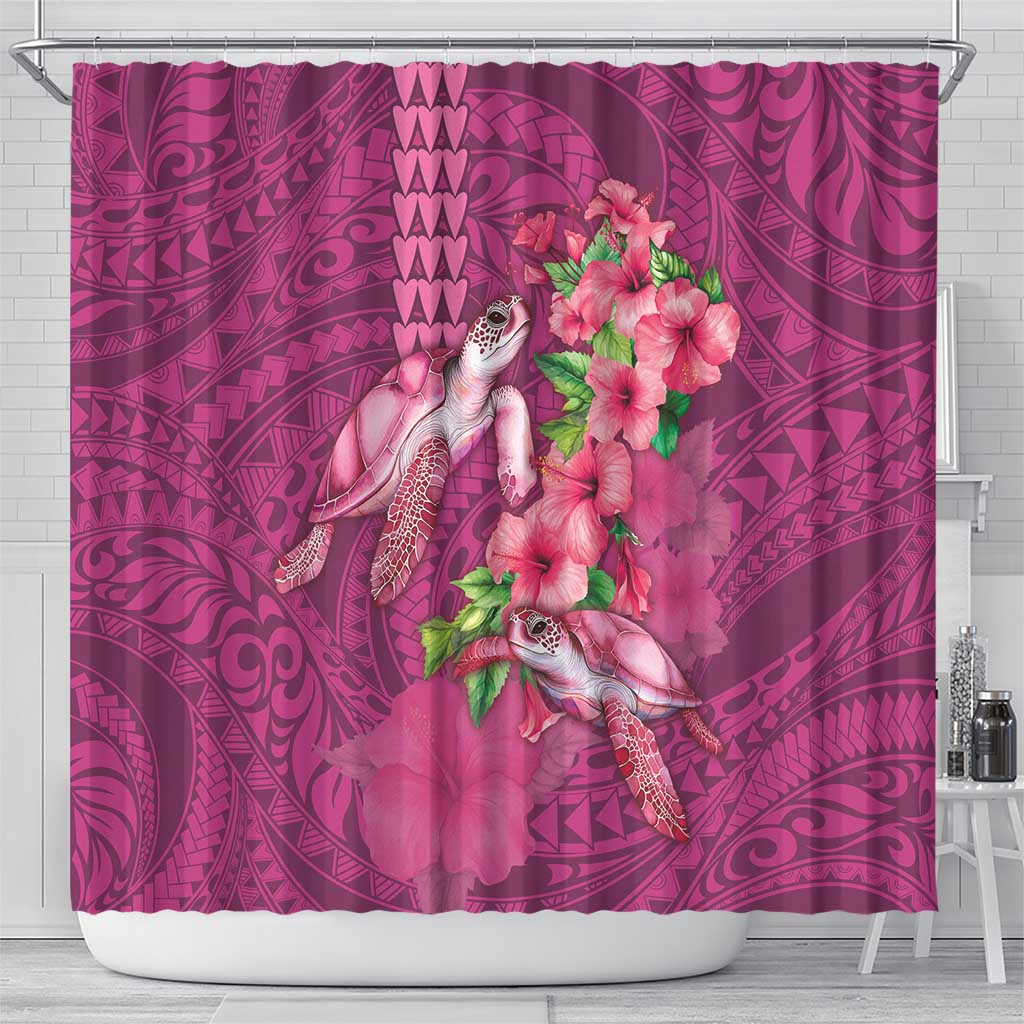 Hawaiian Turtle Love Couple Shower Curtain - Sweet Hibiscus and Kakau Pattern Rose Color LT03 - Polynesian Pride