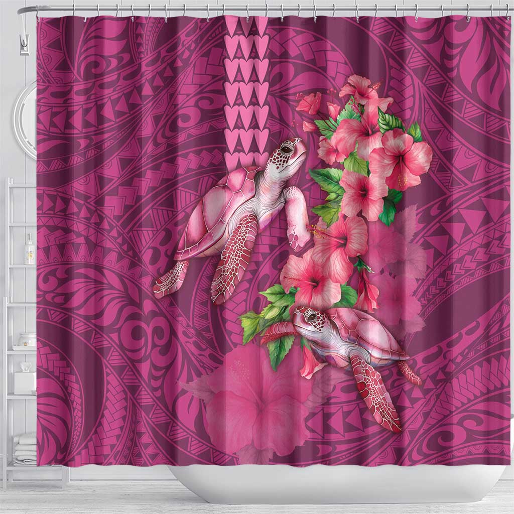 Hawaiian Turtle Love Couple Shower Curtain - Sweet Hibiscus and Kakau Pattern Rose Color LT03 - Polynesian Pride