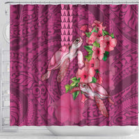 Hawaiian Turtle Love Couple Shower Curtain - Sweet Hibiscus and Kakau Pattern Rose Color LT03 - Polynesian Pride