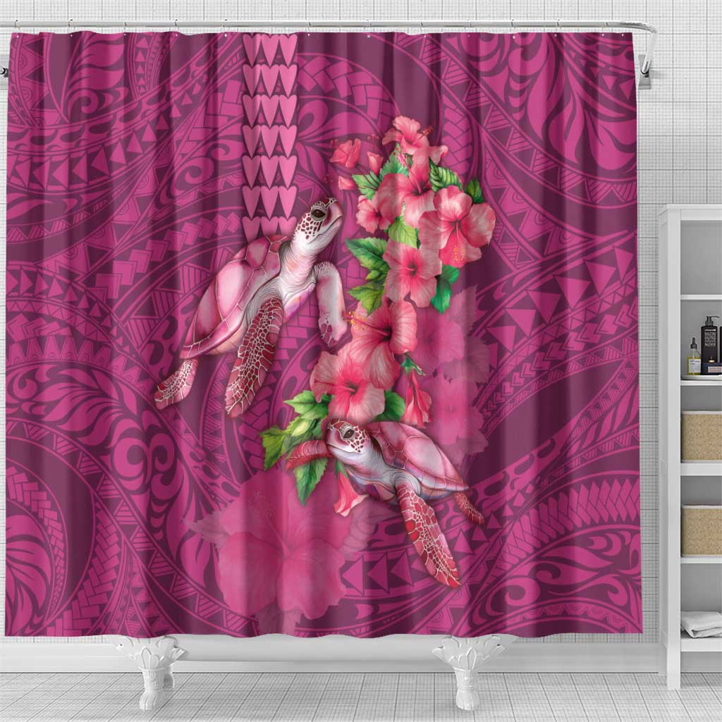 Hawaiian Turtle Love Couple Shower Curtain - Sweet Hibiscus and Kakau Pattern Rose Color LT03 - Polynesian Pride