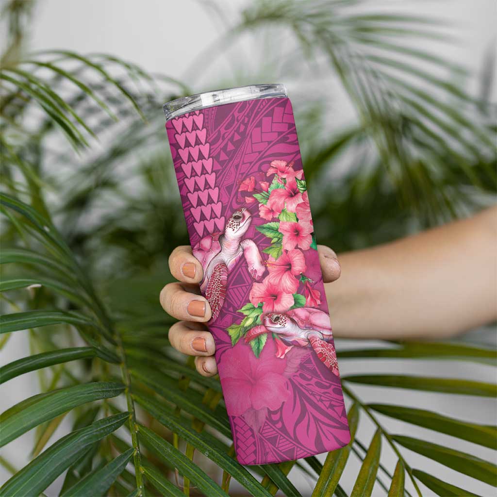 Hawaiian Turtle Love Couple Skinny Tumbler Sweet Hibiscus and Kakau Pattern Rose Color